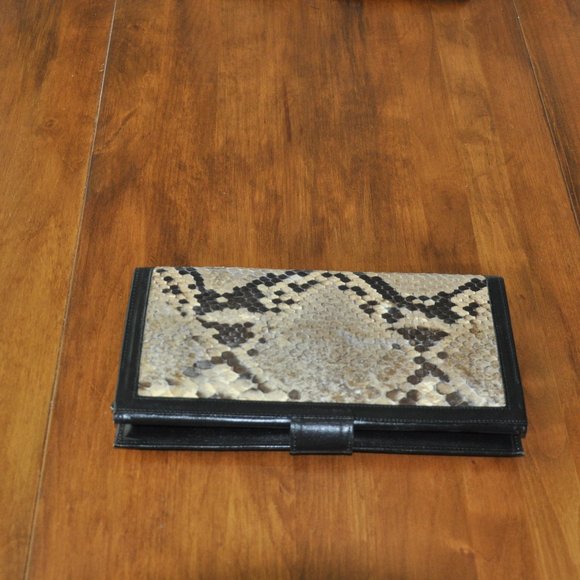 Vintage Real SNAKE SKIN Beige/Brown Bi-Foldover FLAP Clutch Black Leather Purse - Picture 2 of 5